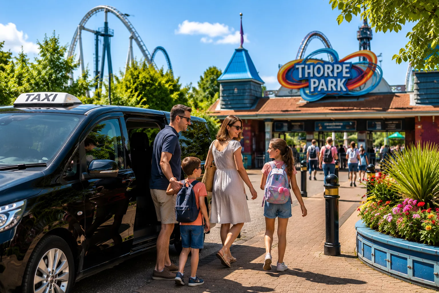 Family-Friendly Rides with Yateley Taxis 2 Family arriving at a theme park using a Yateley taxi service