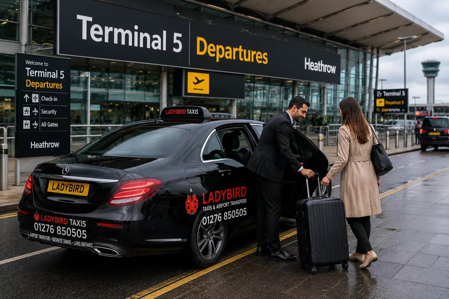 Farnborough Taxis: Reliable Train Station Taxi Services 2 Executive airport taxi from Farnborough arriving at Heathrow Airport terminal