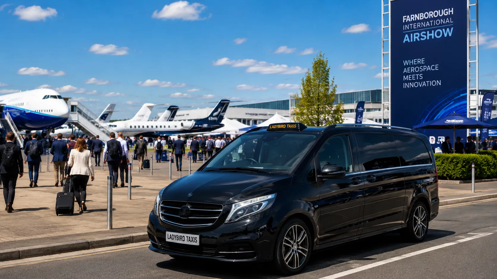 Farnborough Airshow Taxis 1 Farnborough Airshow taxis and airport transfers by Ladybird Taxis serving Heathrow Airport, Farnborough Airport and surrounding towns