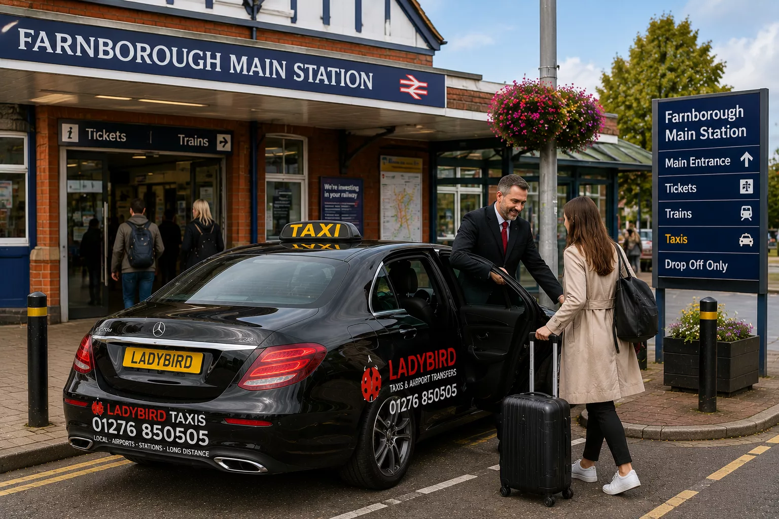 Farnborough Taxis: Reliable Train Station Taxi Services 1 Taxi pickup outside Farnborough Main Station for commuters and travellers