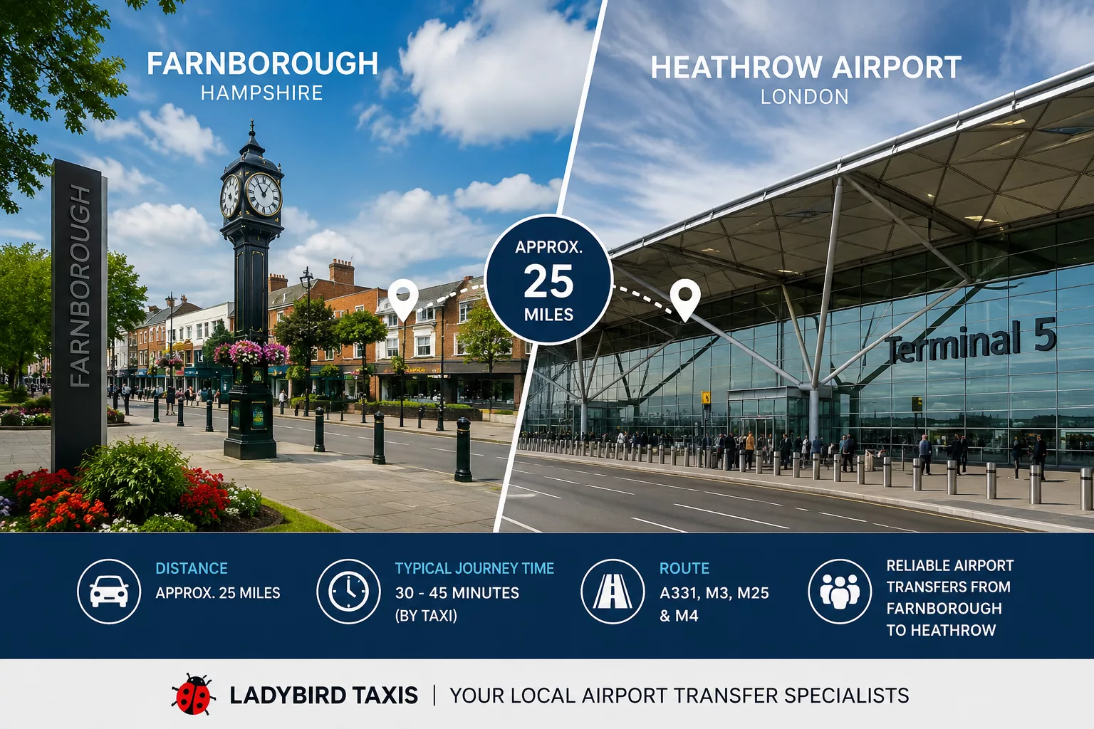 Travelling from Farnborough to Heathrow Airport 1 Farnborough Hampshire and Heathrow Airport travel route overview