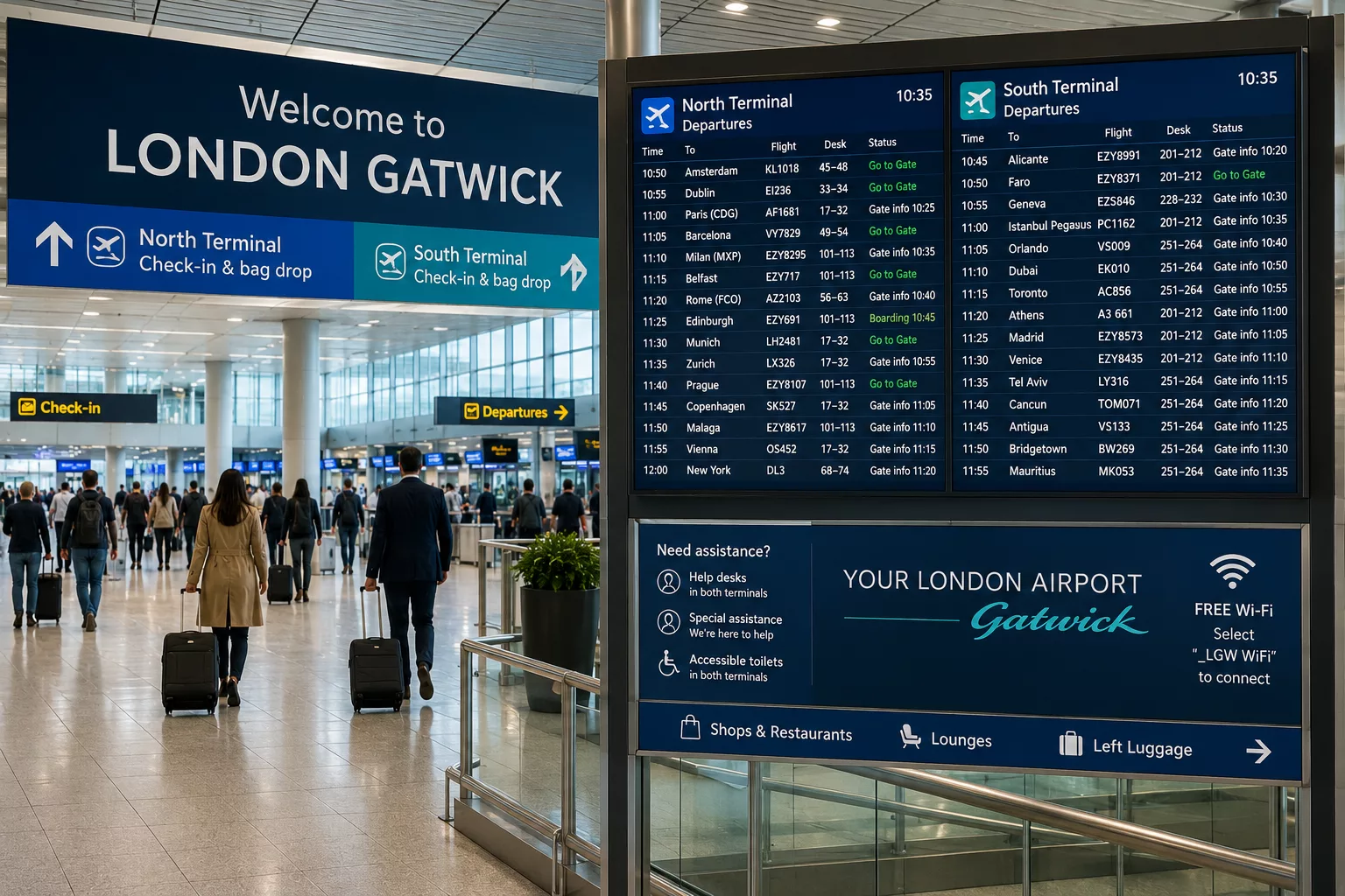 Camberley to Gatwick Airport Taxi 3 Gatwick Airport terminal interior information board
