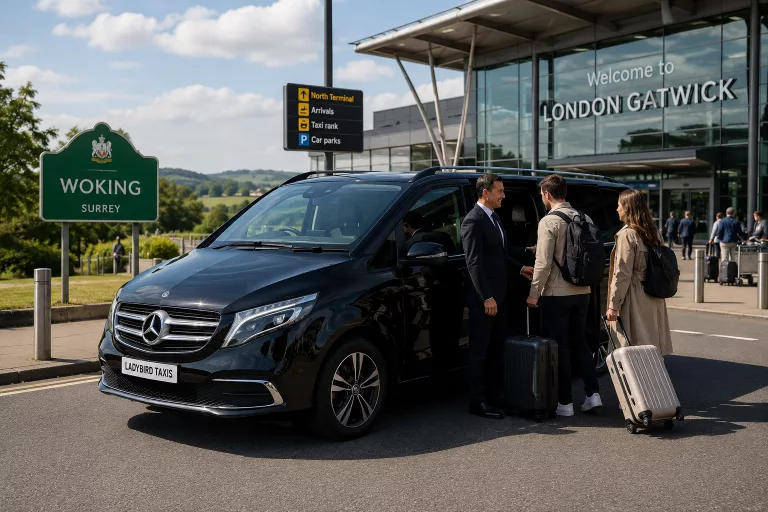 Gatwick to Woking Taxi Service airport transfer vehicle outside Gatwick Airport