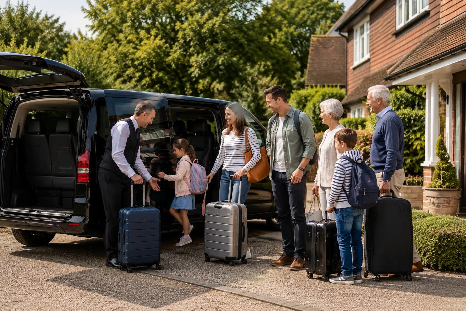 Family-Friendly Rides with Yateley Taxis 3 Large family group boarding a spacious taxi in Yateley