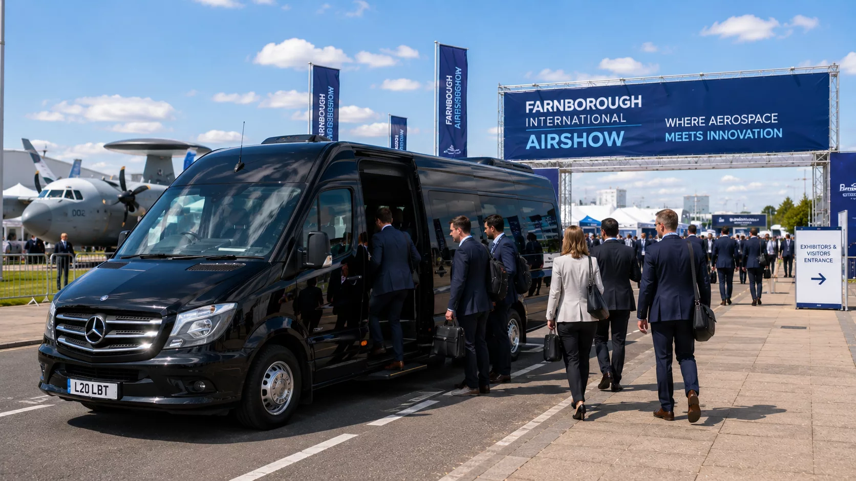 Farnborough Airshow Taxis 4 Group taxi and minibus to Farnborough Airshow for exhibitors aviation teams and corporate visitors