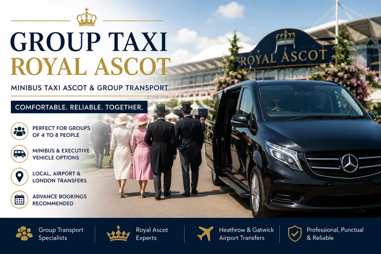 Group taxi Royal Ascot 2026 featured image showing luxury minibus transport and racegoers travelling together to Royal Ascot Racecourse.