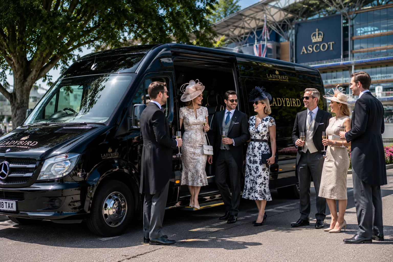 Royal Ascot Travel Tips: What First-time Visitors Need to Know 3 Group of Royal Ascot racegoers travelling together in luxury minibus transport