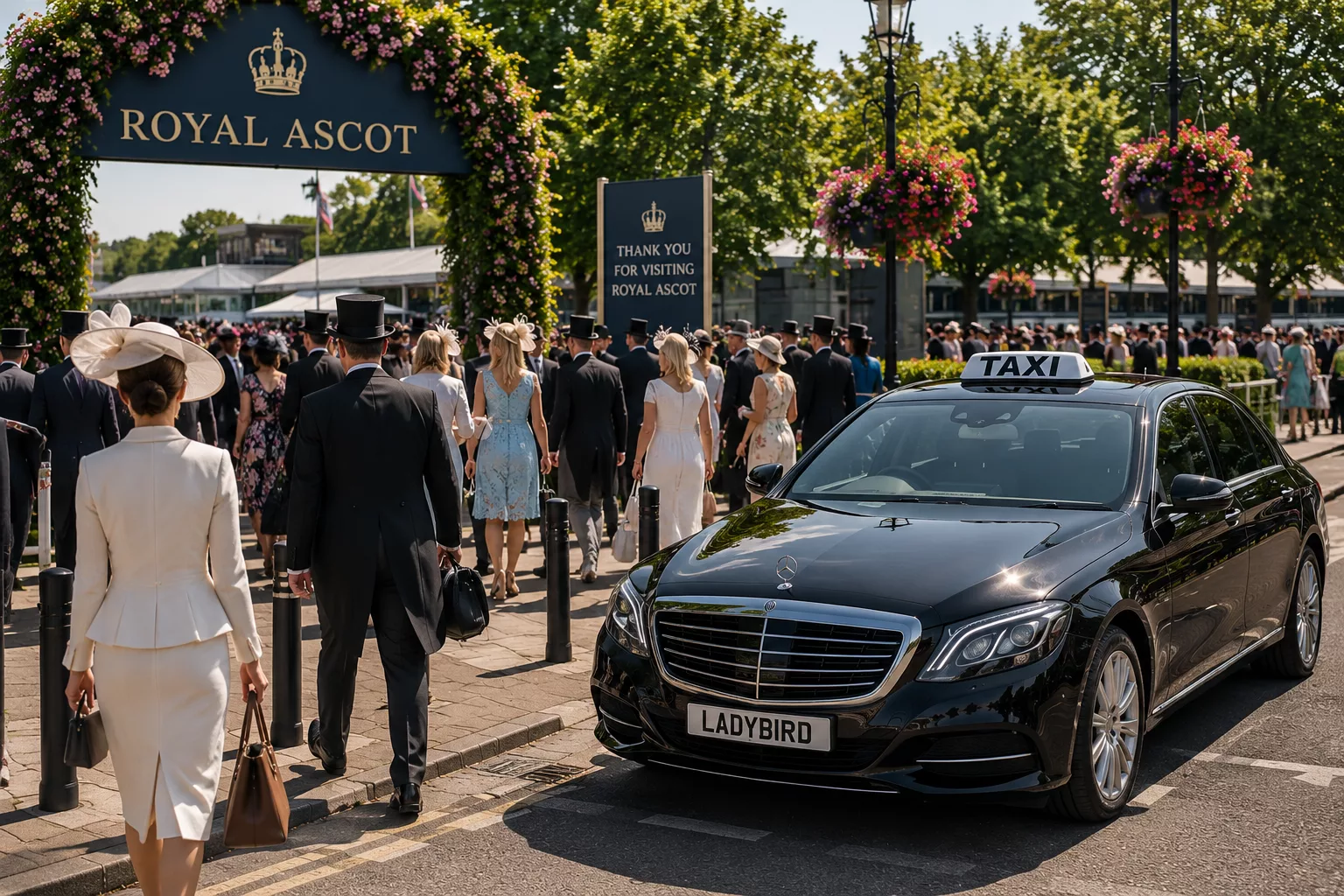 Return Taxi from Royal Ascot: How to Avoid Delays After the Races 1 Racegoers leaving Royal Ascot after the final race and heading towards a pre-booked taxi pickup area.