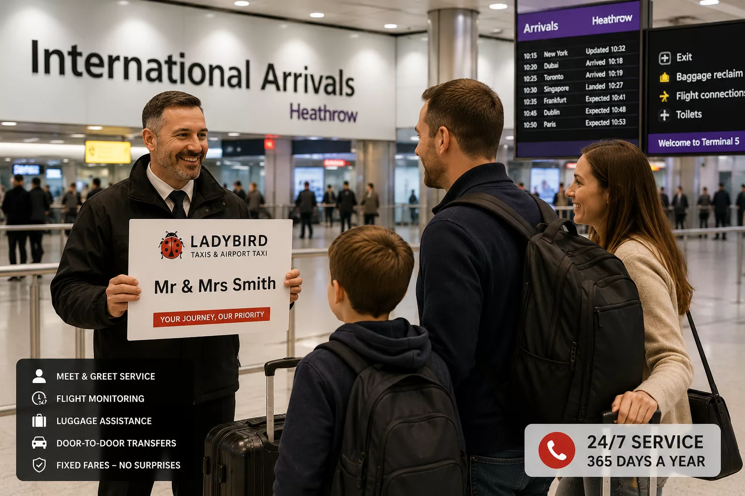 Heathrow Airport Taxi Transfers 2 Meet and greet Heathrow Airport arrivals service with driver holding passenger name board