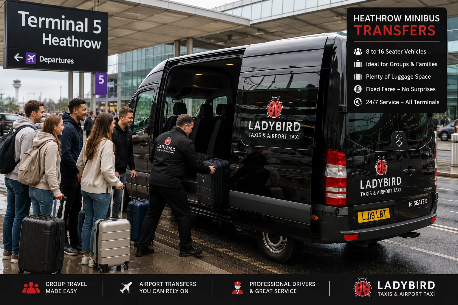 Heathrow Airport Taxi Transfers 5 16 seater Heathrow Airport minibus transfer for groups travelling from Surrey Hampshire and Berkshire