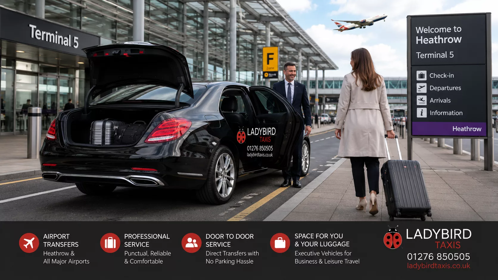 Local Taxi Services 3 Airport transfer vehicle at Heathrow Airport serving Camberley Farnborough and Surrey