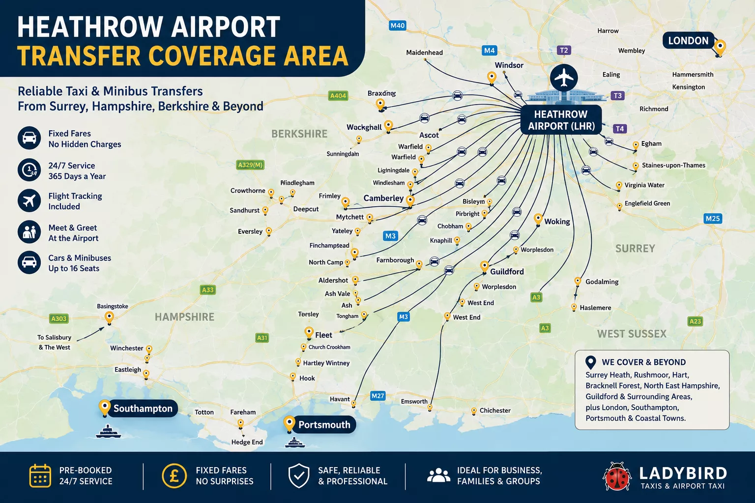 Heathrow Airport Taxi Transfers 1 Heathrow Airport transfer coverage across Camberley Farnborough Fleet Bracknell Woking Guildford and Windsor