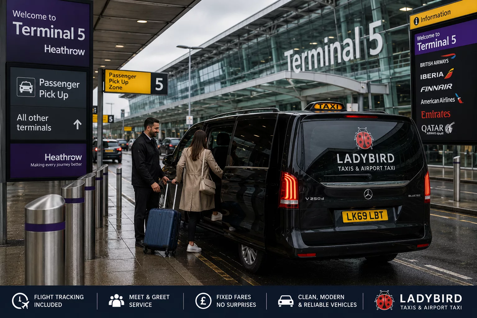 Heathrow Airport Taxi Transfers 3 Taxi pickup outside Heathrow Terminal 5 for passengers travelling to Surrey Hampshire and Berkshire