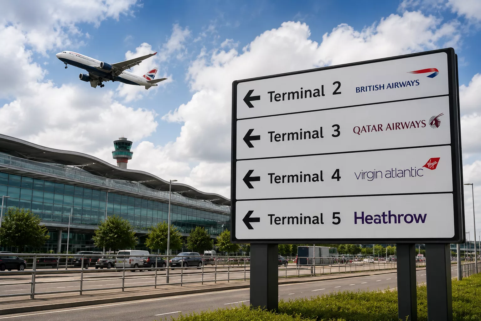 Cab to Heathrow 1 Heathrow Airport terminal sign for terminals 2, 3, 4 and 5