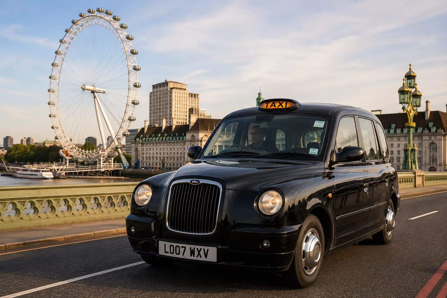 How Can I Get to London 5 Traditional London black taxi driving near the London Eye, representing airport transfers and private taxi services to and around London.