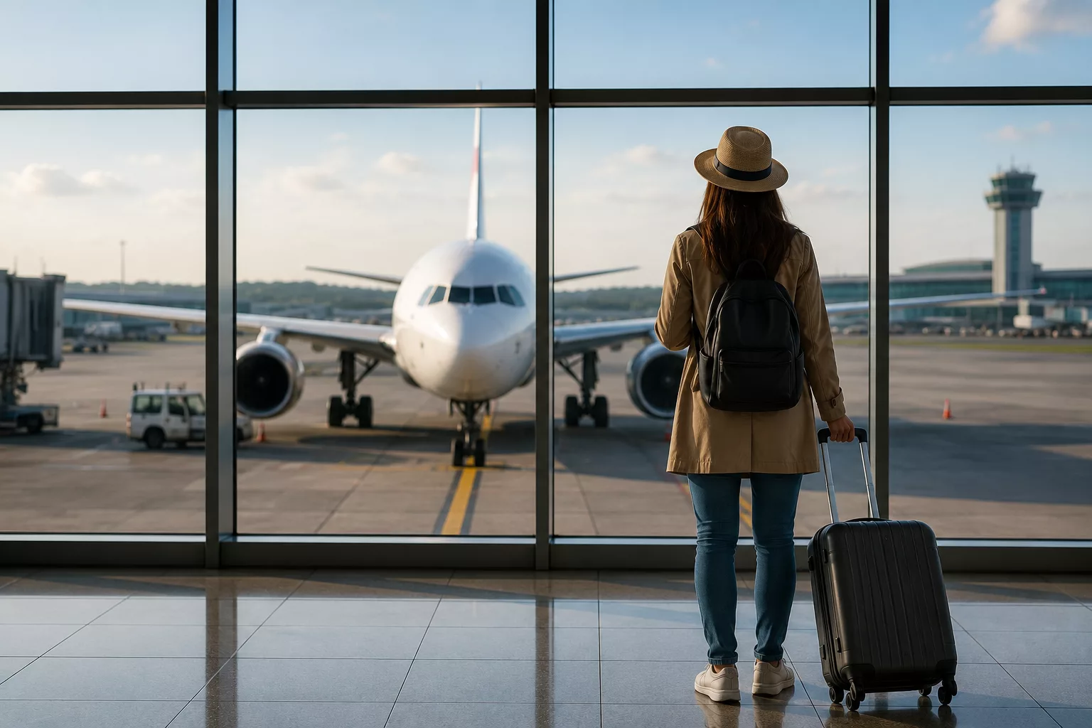 How Can I Get to London 2 Traveller with luggage looking at an aircraft from an airport terminal before flying to London via Heathrow, Gatwick, Stansted or Luton Airport.
