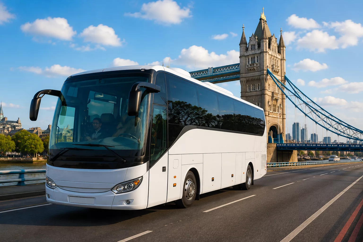 How Can I Get to London 4 Modern long-distance coach travelling past Tower Bridge in London, representing affordable coach travel to the UK capital.