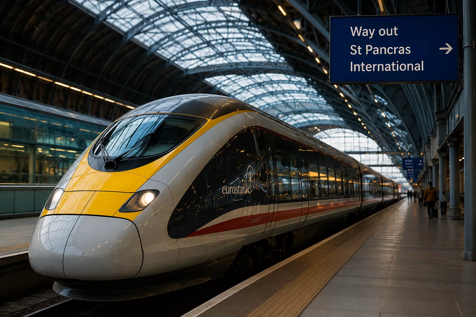 How Can I Get to London 3 High-speed train at St Pancras International Station in London, showing one of the fastest ways to travel to London by Eurostar or UK rail services.