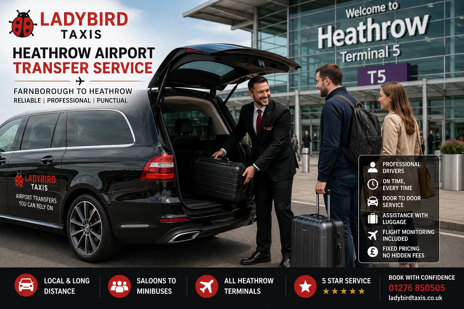 Travelling from Farnborough to Heathrow Airport 4 Ladybird Taxis Heathrow Airport transfer service