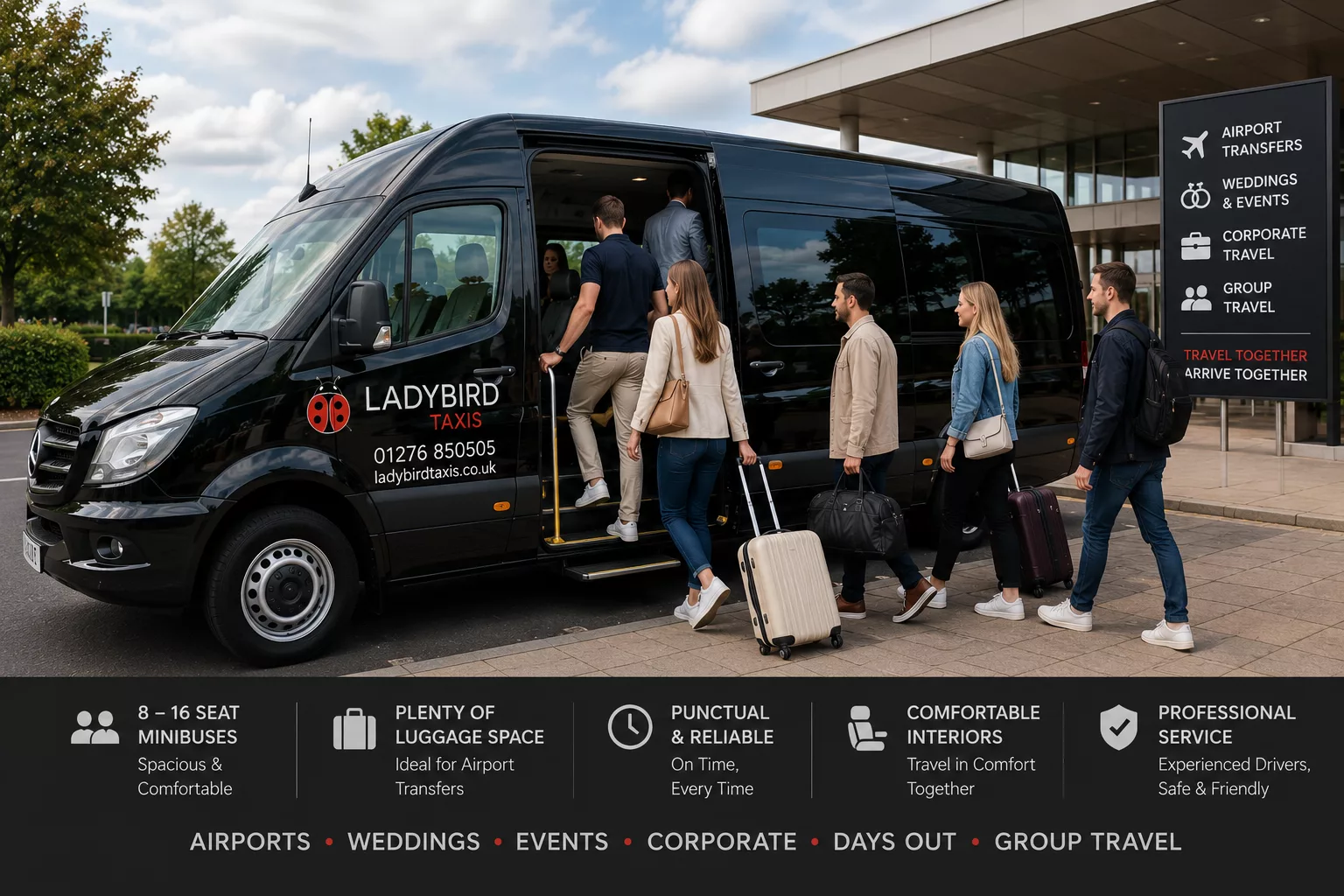 Local Taxi Services 4 Minibus and group travel service for airport transfers weddings and events in Surrey Hampshire and Berkshire