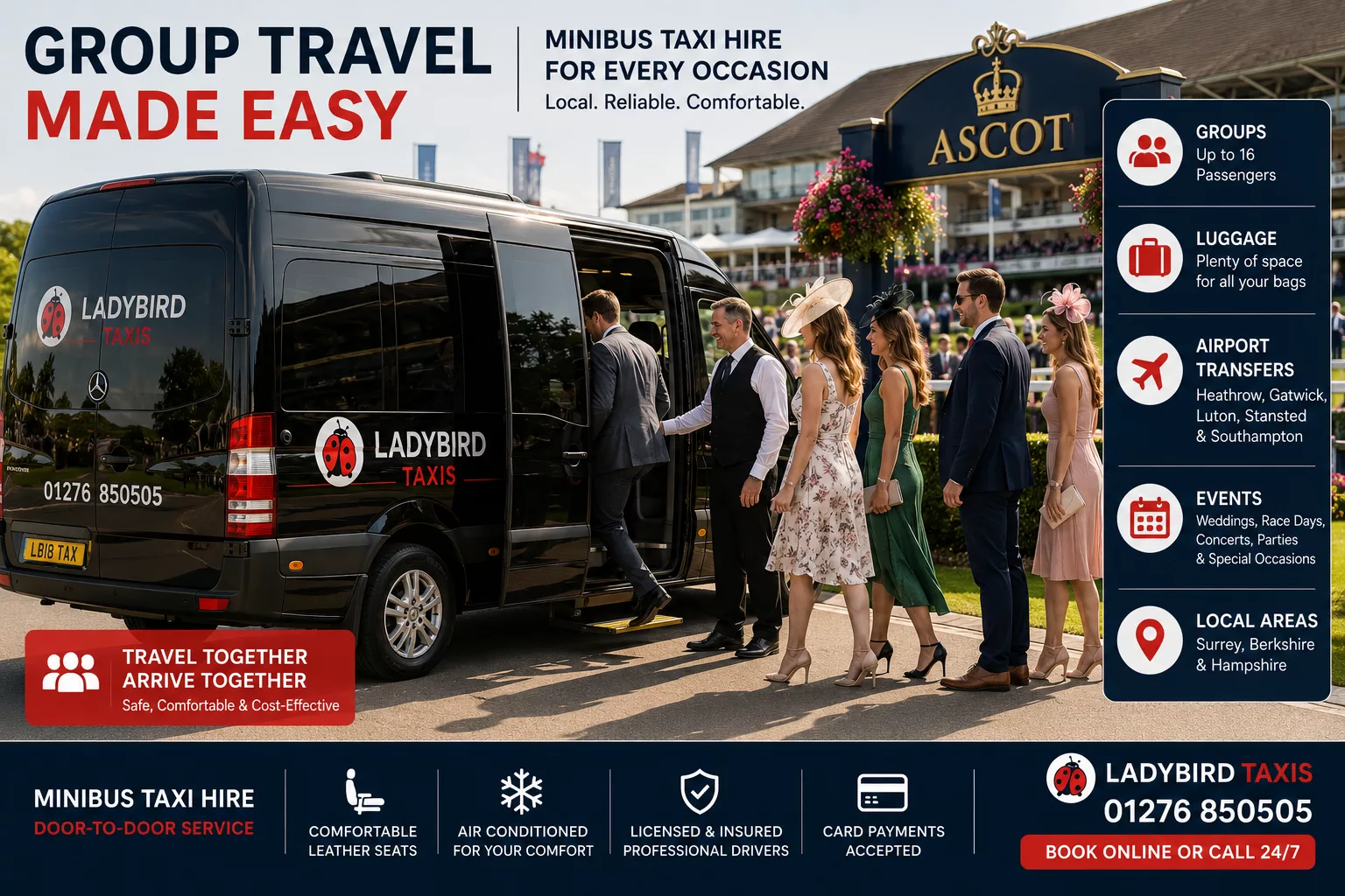 Taxi vs Uber - Why Local Taxi is Better for Journeys 4 Group of passengers boarding a minibus taxi for an event in Surrey