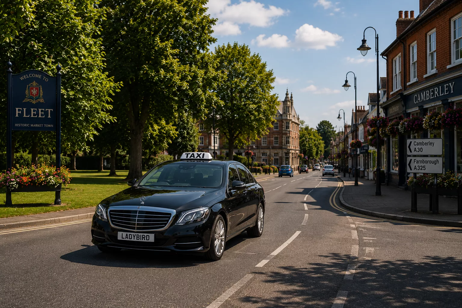 Return Taxi from Royal Ascot: How to Avoid Delays After the Races 2 Executive taxi travelling through a residential town in the Fleet, Camberley and Farnborough area after Royal Ascot.