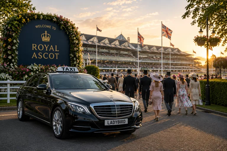 Return taxi Royal Ascot Racecourse with racegoers in formal attire during Royal Ascot race week.