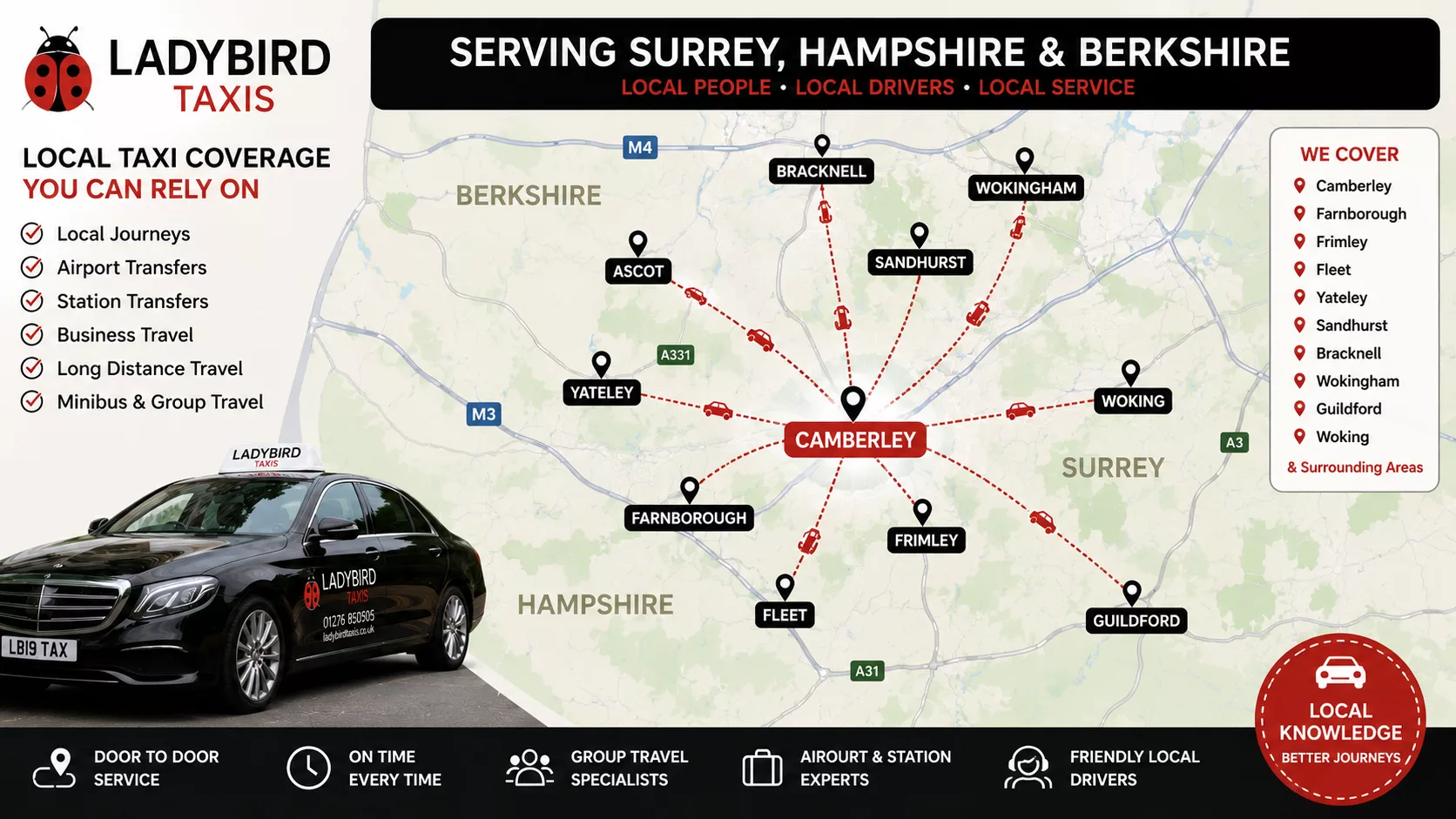 Local Taxi Services 1 Taxi coverage across Camberley Farnborough Frimley Fleet Bracknell Guildford and surrounding areas