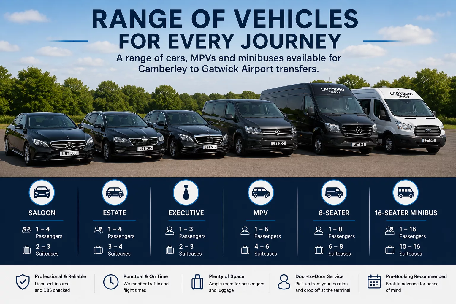 Camberley to Gatwick Airport Taxi 2 Taxi-vehicle options for Camberley to Gatwick Airport transfers