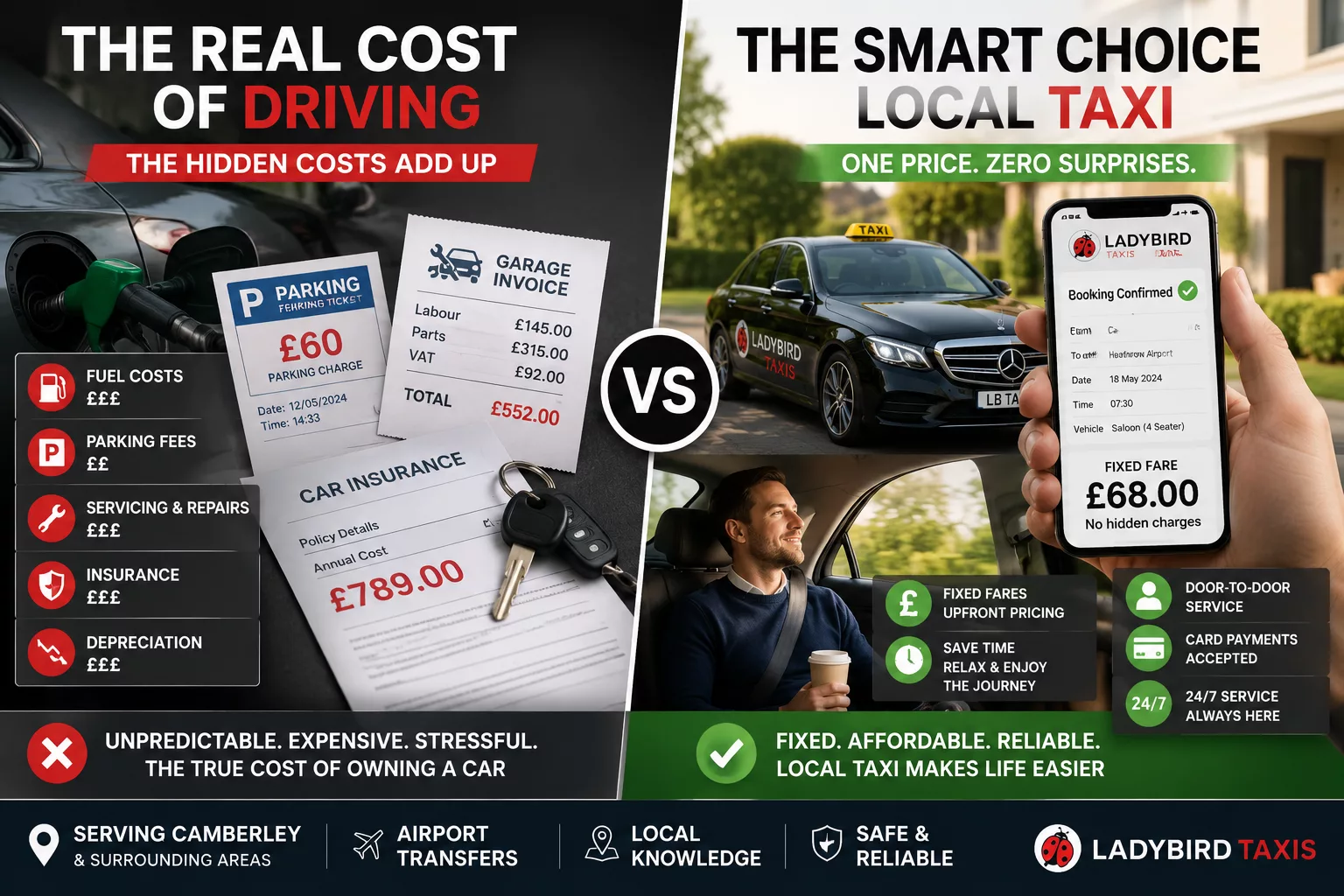 Taxi vs Uber - Why Local Taxi is Better for Journeys 1 Comparison showing hidden car ownership costs versus a fixed local taxi fare