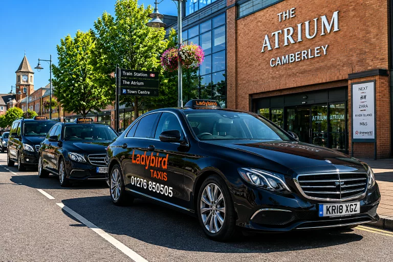 Ladybird Taxis fleet in Camberley town centre providing reliable taxi services