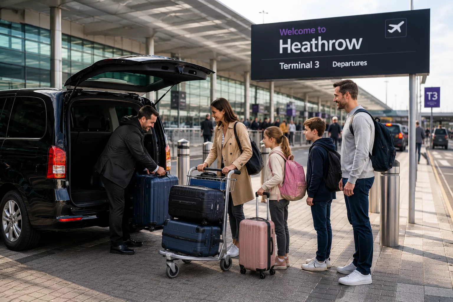 Family-Friendly Rides with Yateley Taxis 4 Family arriving at Heathrow Airport using a Yateley airport taxi service