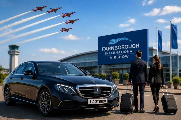 Airport taxi for Farnborough Airshow by Ladybird Taxis with executive transfer vehicle outside Farnborough International Exhibition Centre.