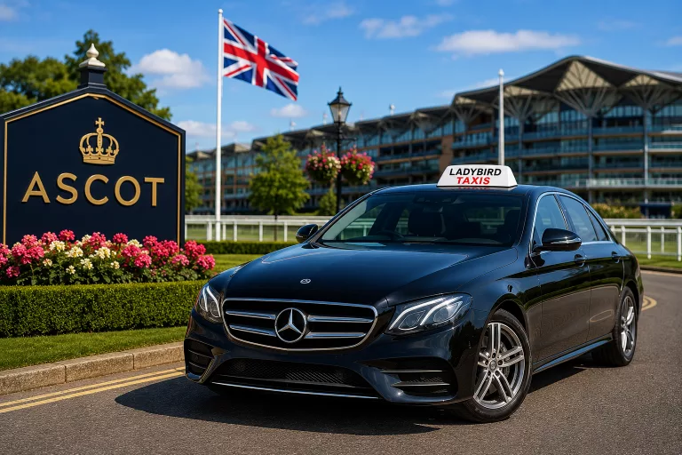 Ladybird Taxis executive Mercedes taxi parked outside Ascot Taxis Berkshire providing local taxi services and airport transfers.