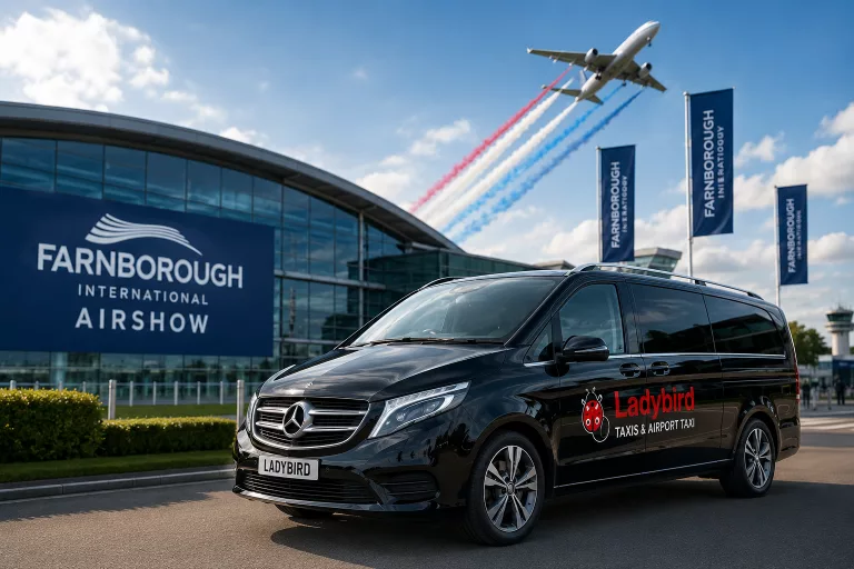 Ladybird Taxis executive airport transfer vehicle outside Farnborough Airshow Taxi, exhibition centre with aircraft flying overhead.