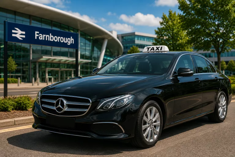 Black executive taxi parked outside Farnborough railway station representing Farnborough taxis for local journeys, airport transfers and business travel.