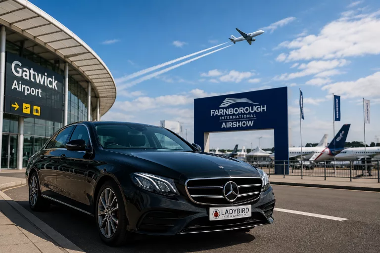 Executive airport taxi from Gatwick to Farnborough airshow International Airshow with a luxury vehicle outside the airport terminal.