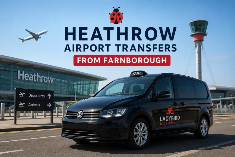 Heathrow airport transfers from Farnborough by Ladybird Taxis with a professional airport taxi outside Heathrow Terminal.