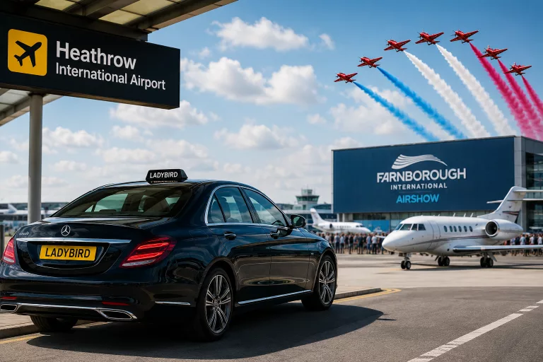 Heathrow to Farnborough Airshow taxi parked outside Heathrow Airport with Farnborough International Airshow in the background.