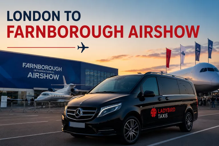 London to Farnborough Airshow taxi outside Farnborough International Exhibition Centre with aircraft in the background.