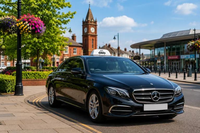 Black executive taxi Camberley Surrey town centre representing local taxi services, airport transfers and private hire by Ladybird Taxis.