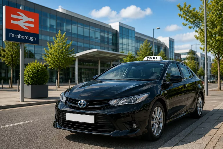 Black taxi parked near Farnborough station in Hampshire representing local taxi services and airport transfers.