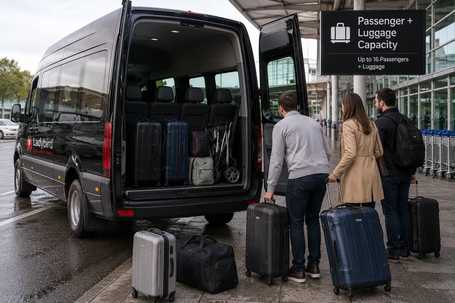 Heathrow & Gatwick Minibus Transfer Guide 3 Airport minibus being loaded with passenger luggage and suitcases