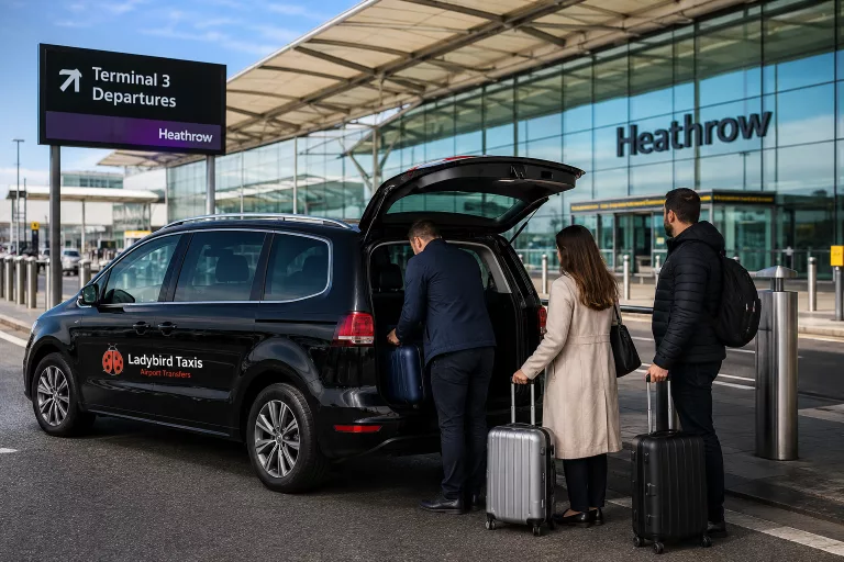 Airport taxi dropping passengers and luggage at Heathrow Airport terminal
