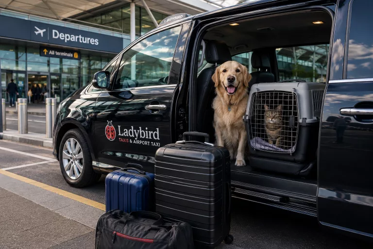 Dog and cat travelling in a pet-friendly taxi to the airport