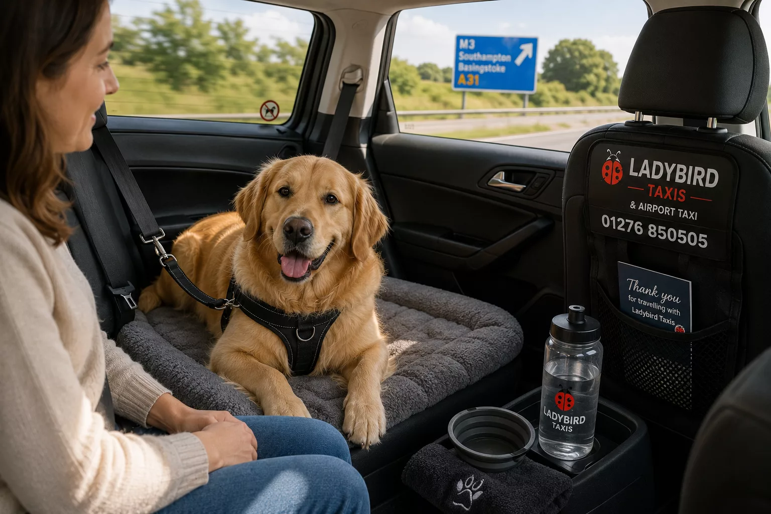 Best Pet-Friendly Taxi Options in Surrey & Hampshire 4 Dog travelling comfortably during a pet-friendly taxi journey