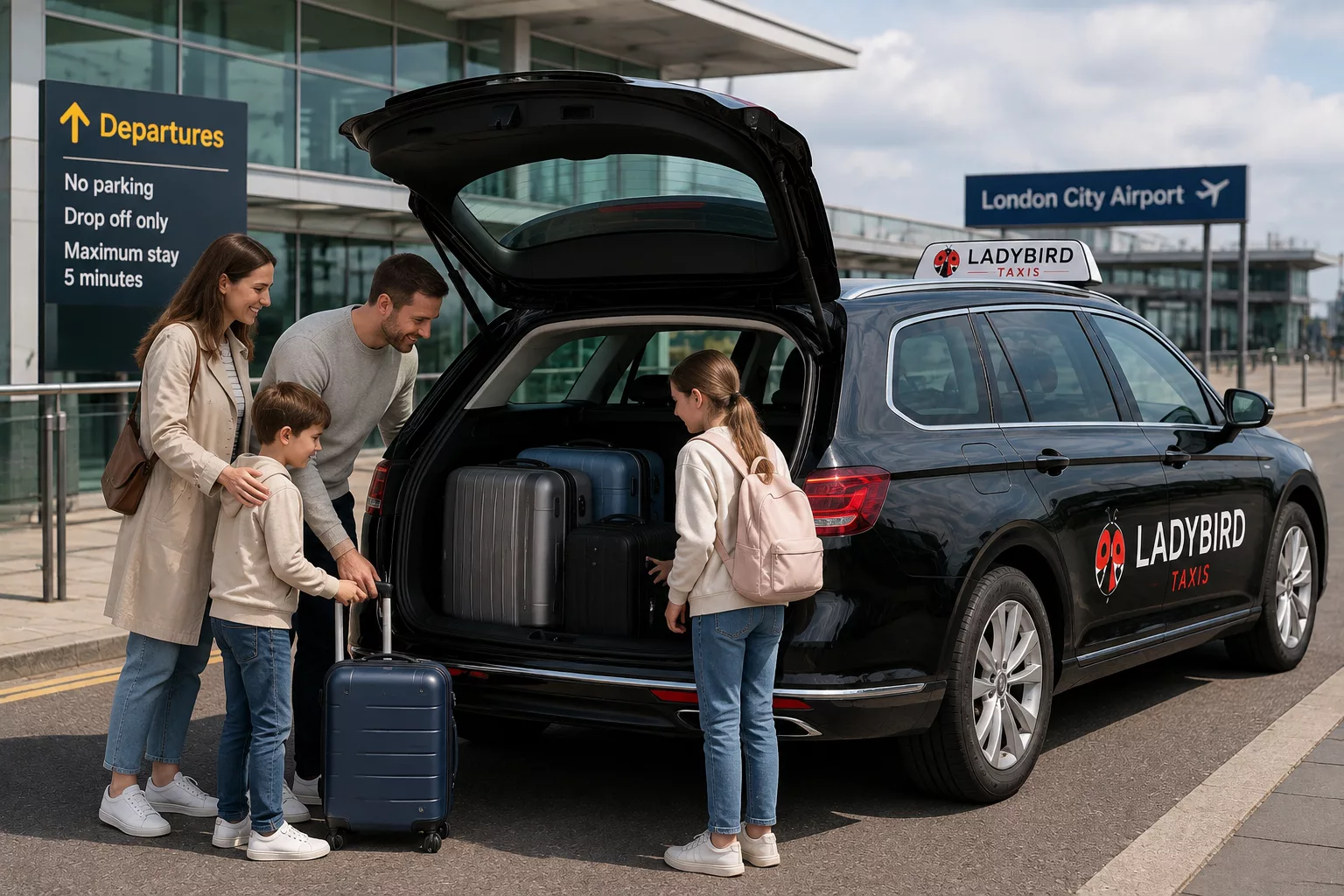 London City to Sandhurst Taxi Service 3 Family loading luggage into a taxi for a London City Airport transfer to Sandhurst