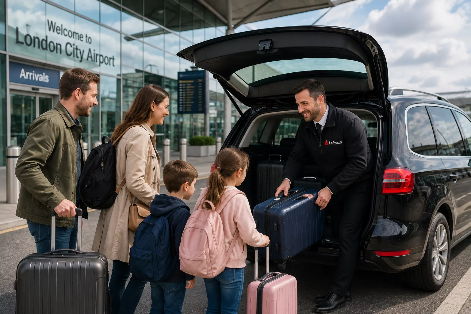 London City to Eversley Taxi Service 3 Family loading luggage into a taxi for a London City Airport to Eversley transfer