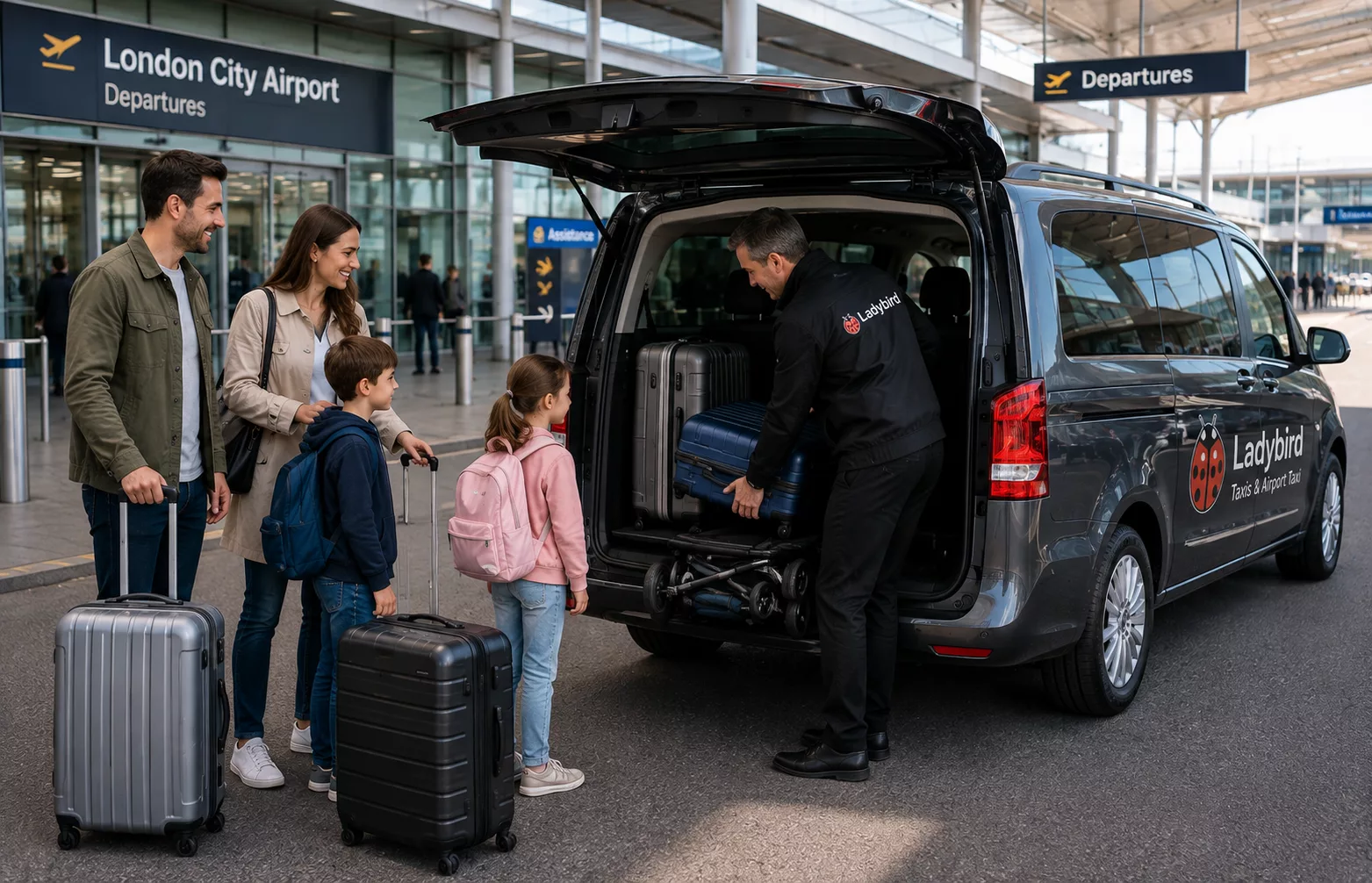 London City to Bagshot Taxi Service 3 Family loading luggage into a spacious airport taxi for a journey from London City Airport to Bagshot