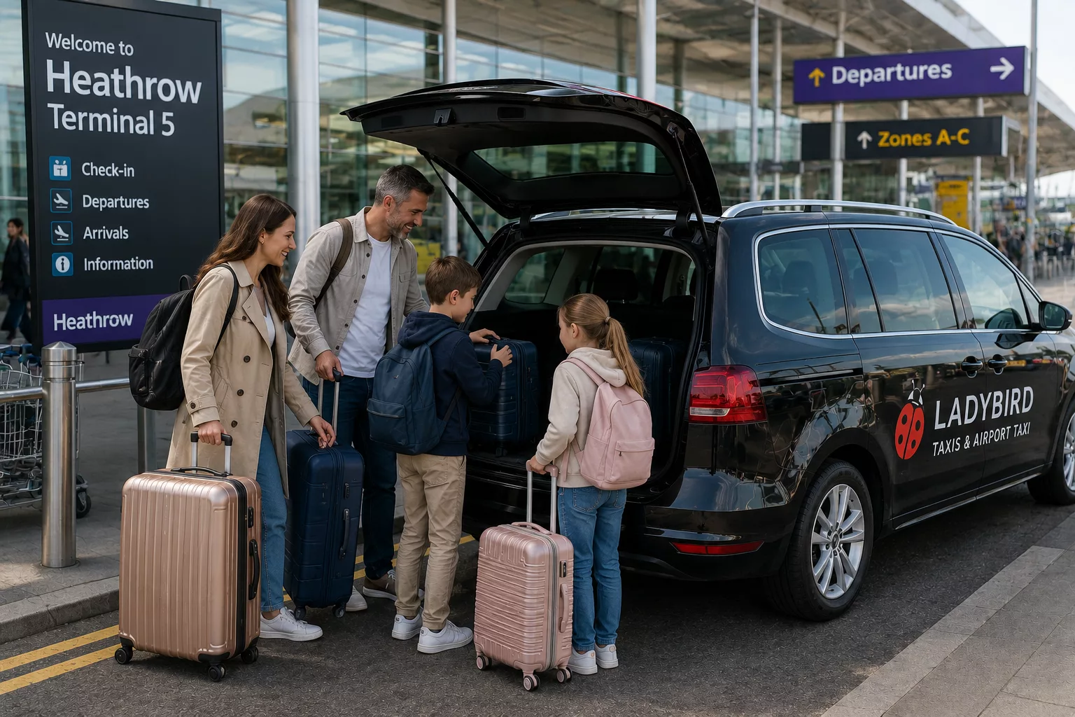 Heathrow to Deepcut Taxi Service 3 Family Heathrow to Deepcut airport transfer with luggage